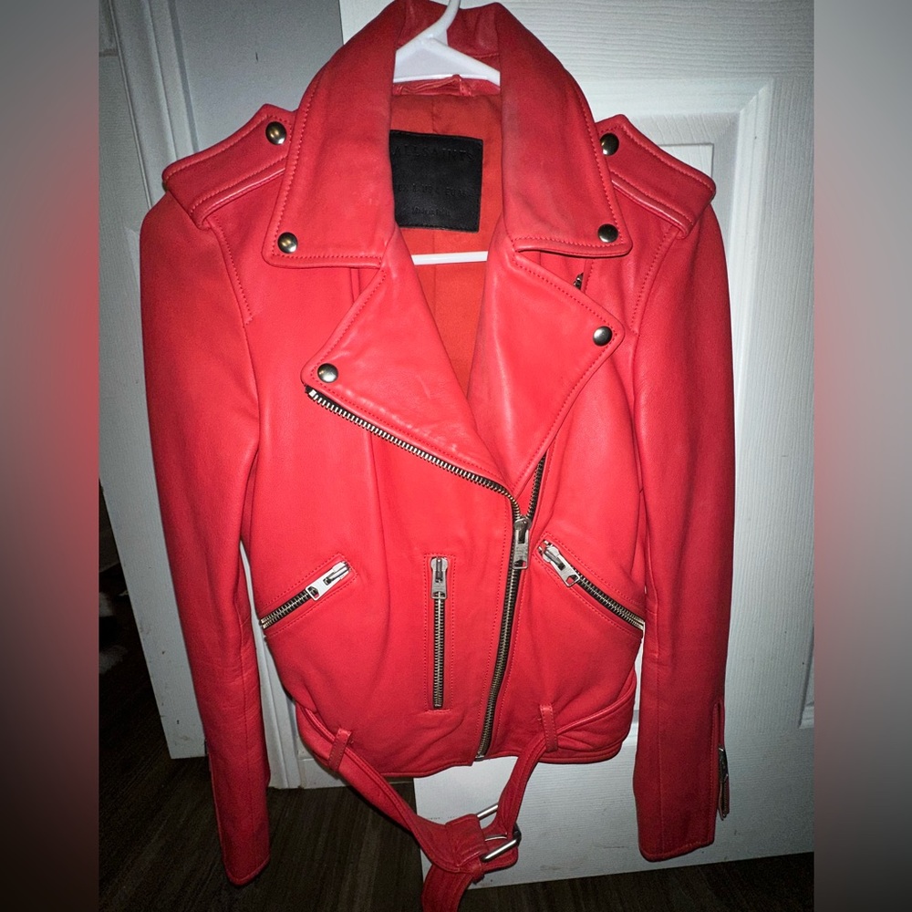 All Saints Balfern Calfskin Leather Biker Jacket in Red